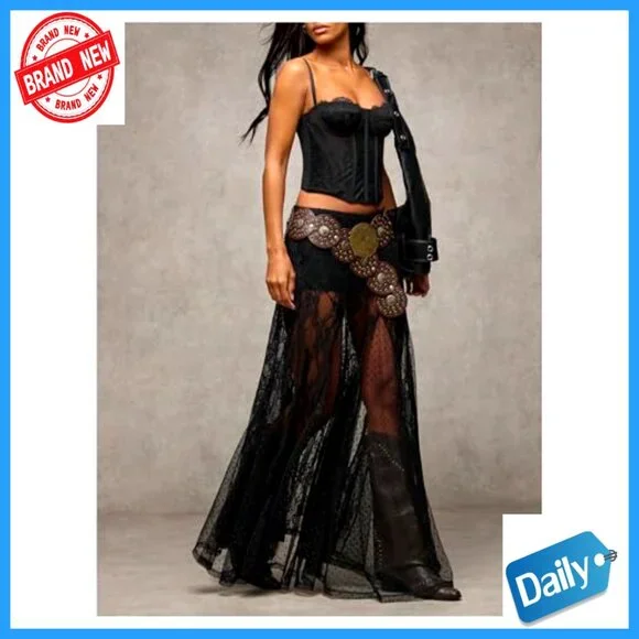 Lace Maxi Skirt A-Line Ruffle Boho Sheer Casual Long Skirt - Picture 6 of 6